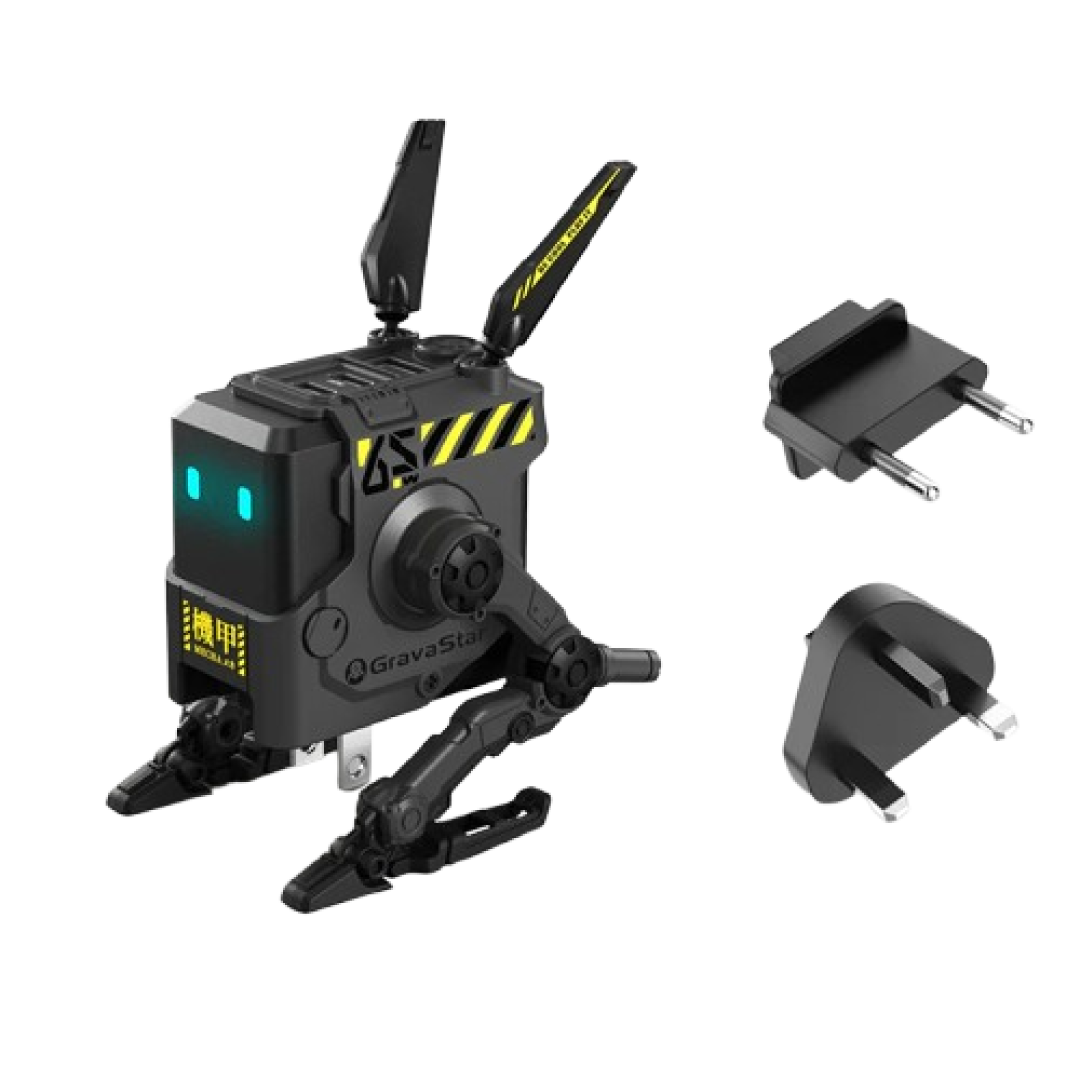 The Alpha65 Gray is the GaN 65W fast charger from GravaStar in a darker, more neutral gray finish. It maintains the same specs and “mecha robot” styling as the other versions but with a more subtle aesthetic.
