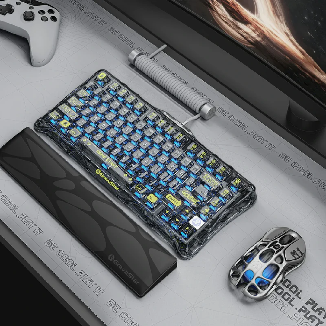 75% mechanical gaming keyboard that seamlessly blends futuristic aesthetics with high-performance features. Designed for gamers and enthusiasts, it offers a compact layout, customizable RGB lighting, and versatile connectivity options.
