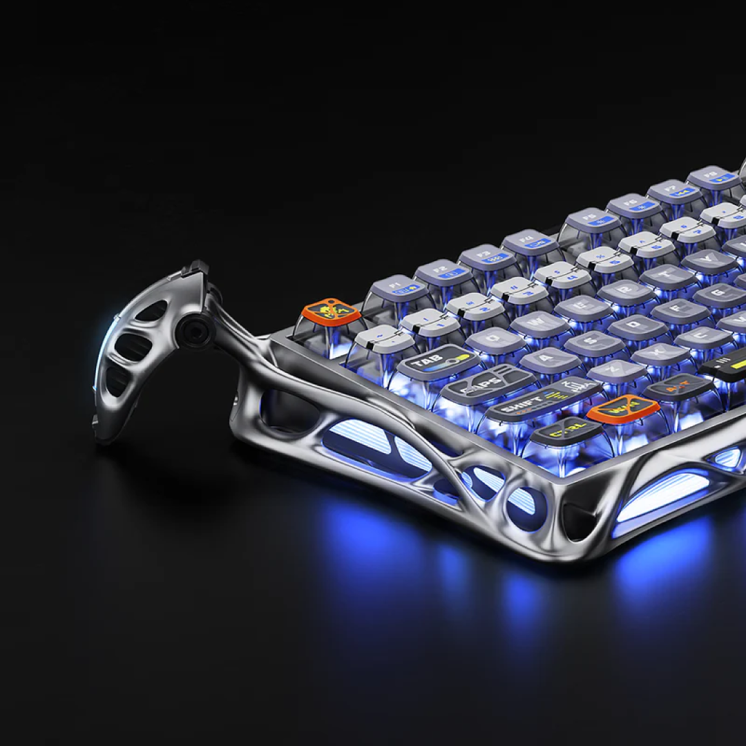 Premium 75% mechanical gaming keyboard that combines cutting-edge performance with a striking, futuristic design. Crafted for gamers and tech enthusiasts, it offers a compact layout, customizable RGB lighting, and versatile connectivity options.