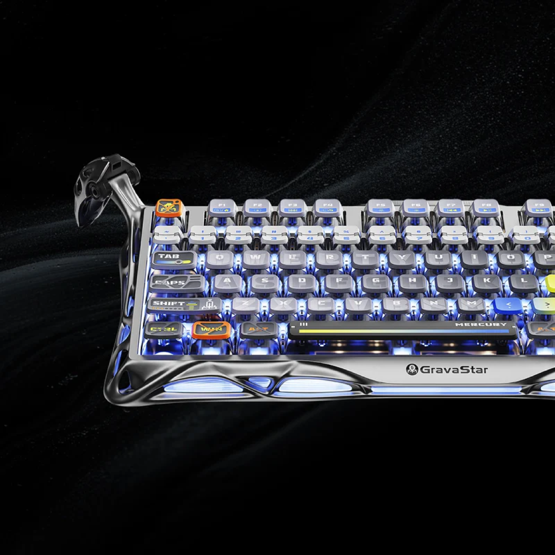 Premium 75% mechanical gaming keyboard that combines cutting-edge performance with a striking, futuristic design. Crafted for gamers and tech enthusiasts, it offers a compact layout, customizable RGB lighting, and versatile connectivity options.