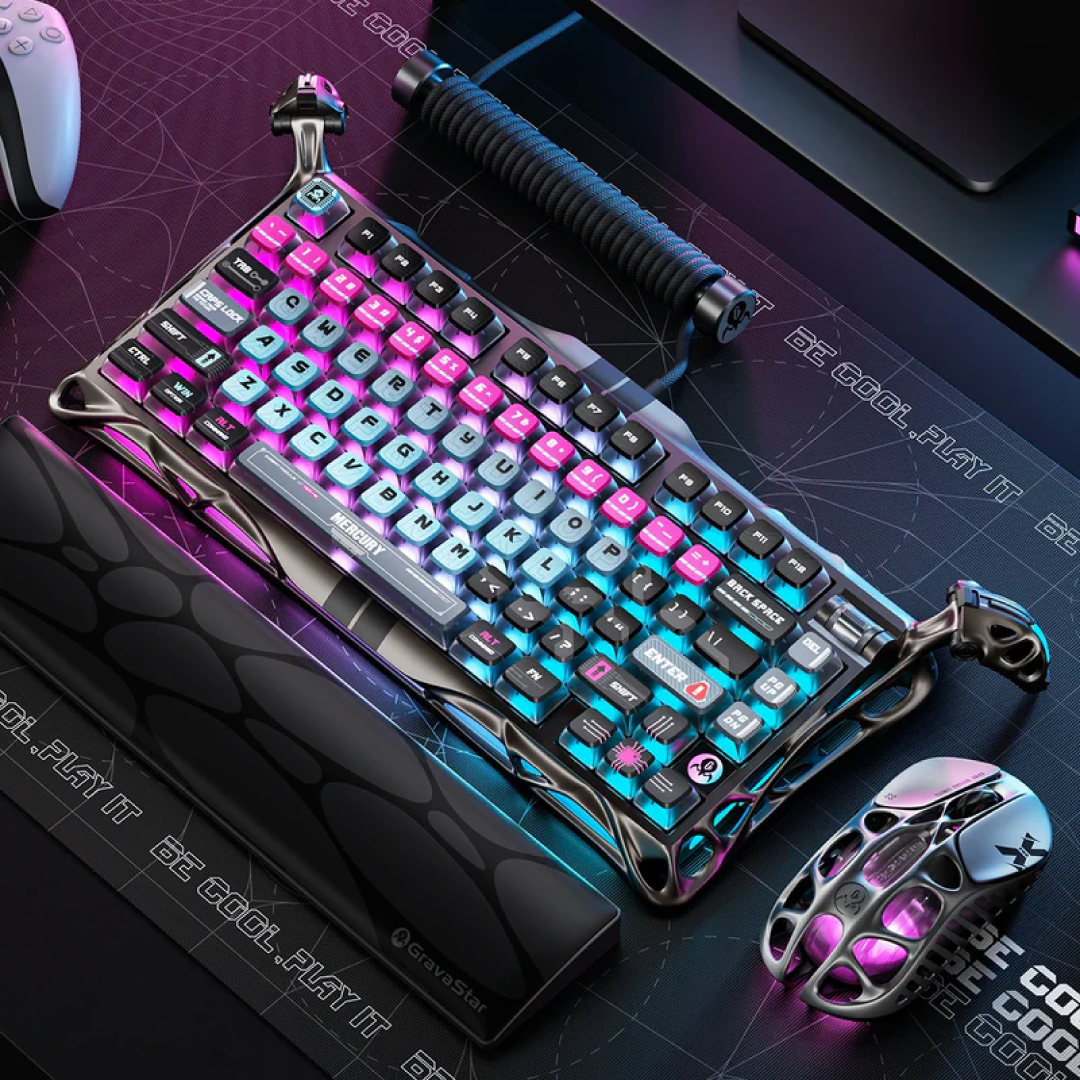 The Mercury V75 Pro Cyberpunk is a premium 75% mechanical keyboard that combines cutting-edge technology with a futuristic design. Featuring Hall Effect magnetic switches, ultra-low latency, and customizable RGB lighting, it’s engineered for competitive gaming and high-speed typing. The Cyberpunk edition showcases a sleek, industrial aesthetic with metallic baked coating and Stealth Gray accents, making it a standout piece on any desk.
