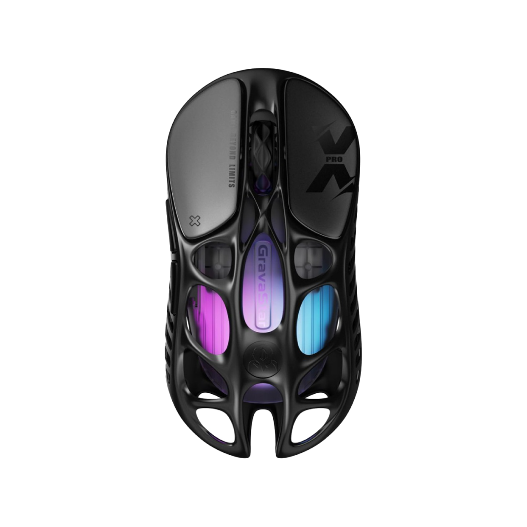 The GravaStar Mercury X Pro Galaxy Black is a high-performance gaming mouse that combines cutting-edge technology with a unique, battle-worn aesthetic. Crafted with a hollowed-out structure and a matte black finish, it offers both aesthetic appeal and functional ergonomics.