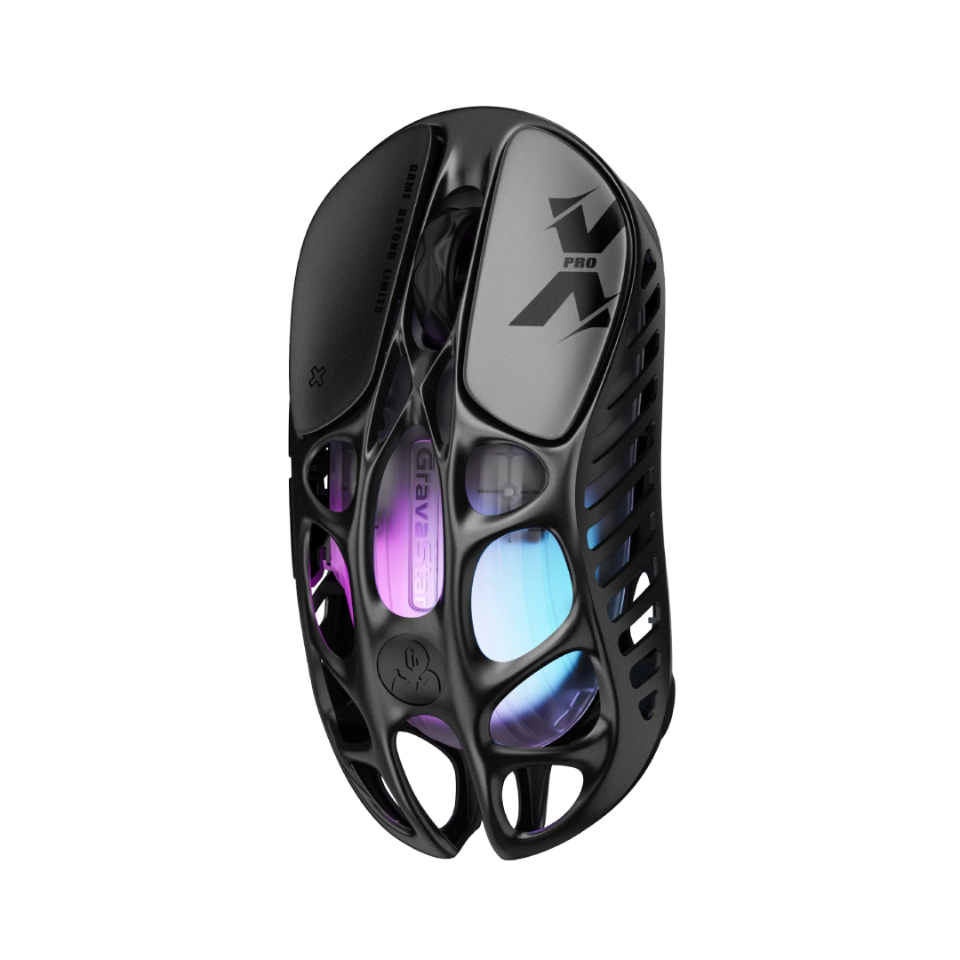 The GravaStar Mercury X Pro Galaxy Black is a high-performance gaming mouse that combines cutting-edge technology with a unique, battle-worn aesthetic. Crafted with a hollowed-out structure and a matte black finish, it offers both aesthetic appeal and functional ergonomics.
