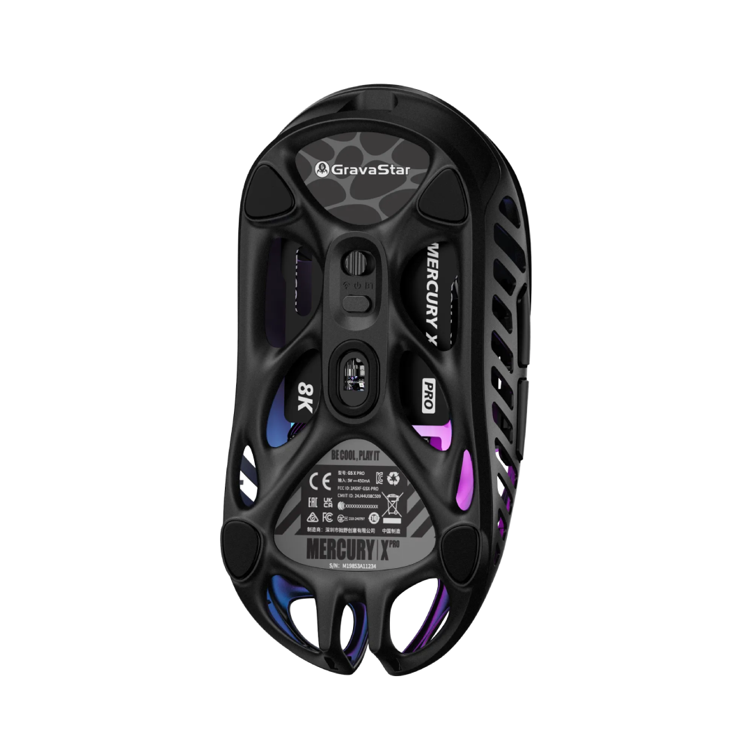 The GravaStar Mercury X Pro Galaxy Black is a high-performance gaming mouse that combines cutting-edge technology with a unique, battle-worn aesthetic. Crafted with a hollowed-out structure and a matte black finish, it offers both aesthetic appeal and functional ergonomics.
